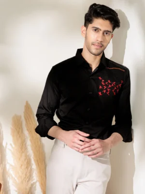 Black embroidered designer wear satin cotton shirt for men