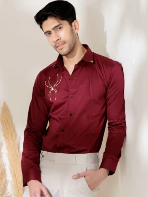 Maroon rhinestone hand work satin cotton premium shirt for men